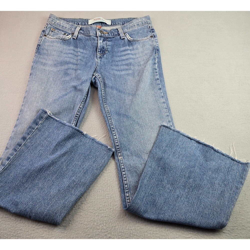 Mossimo Low Rise Flare Jeans (7) Blue Distressed Y2K Stretch Raw Hem Boho